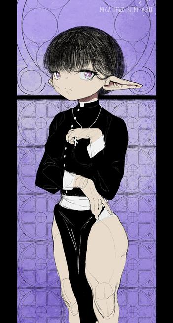 A priestess elf stands before stained glass in a church, gazing at the viewer. She holds a white cross at chest level with her left hand, while her right hand rests gracefully below. Her outfit blends Catholic influences (black robe with white collar and cuffs) with an Egyptian-inspired lower half—exposing her hips and knees, with white panties visible beneath the flowing fabric. Short hair frames her face, contrasting the sacred setting with subtle sensuality.