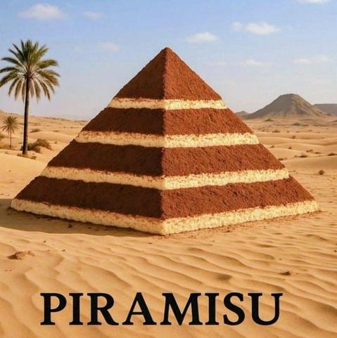 A humorous image of a large pyramid in the desert designed to look like a giant tiramisu. The pyramid has distinct horizontal layers of dark cocoa powder and light-colored cream. In the background are sand dunes and a palm tree. The word "PIRAMISU" is written at the bottom, a portmanteau of "pyramid" and "tiramisu."