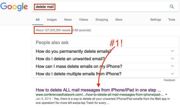 write a popular blog post: a screenshot of a Google search for &quot;delete mail&quot;. It shows an article I wrote at the top of the list of 127 million results.