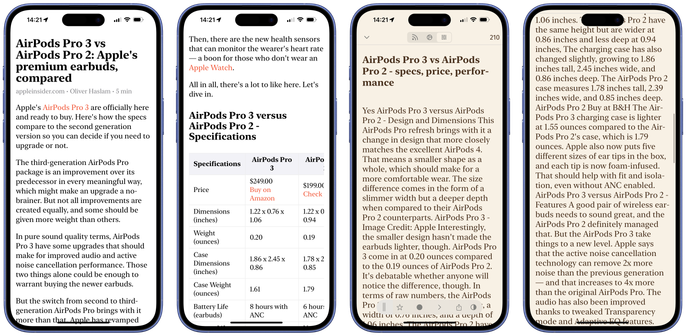 Pantallazos en iPhone de 2 aplicaciones, los primeros 2 son de GoodLinks y los últimos de Fiery Feeds