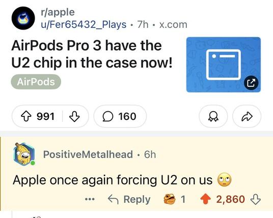 Screenshot of a Reddit post from r/apple with a user sharing that AirPods Pro 3 now have the U2 chip in the case, accompanied by a comment "Apple once again forcing U2 on us 🙄"