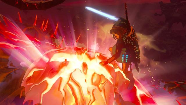 Link, in his classic green attire, raises a glowing sword to strike a glowing orange thing beneath him. 