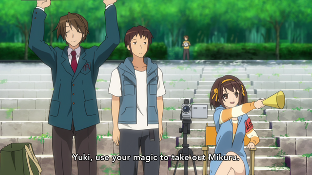 A girl director (Haruhi) saying, "Yuki, use your magic to take our Mikuru."