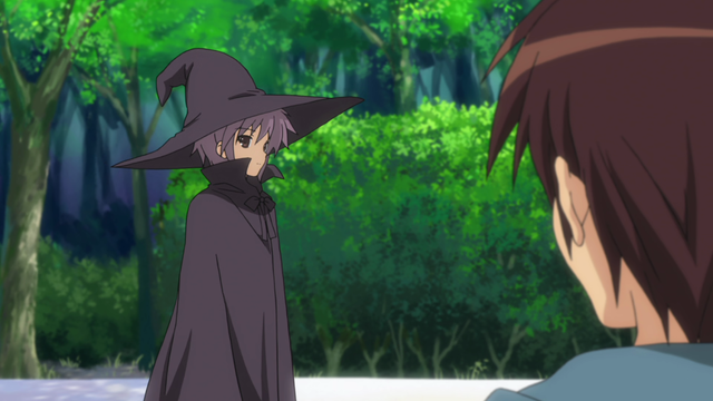 A girl (Yuki) looking towards a boy (Kyon).