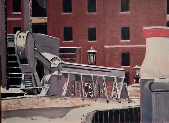 Winter scene of Congress Street Bridge, Acrylic on canvas