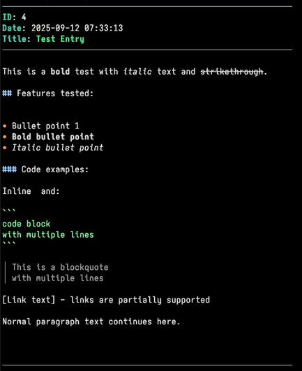 A screenshot of a terminal with a test journal entry rendering in Markdown.
