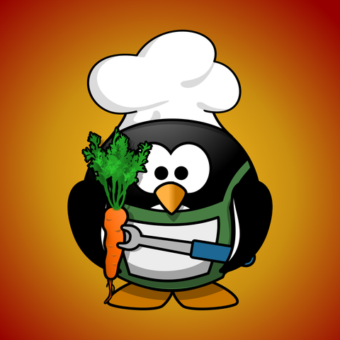 Ein Pinguin mit Kochmütze und Schürze und einer Karotte auf einer Grillgabel vor einem orange-roten Hintergrund