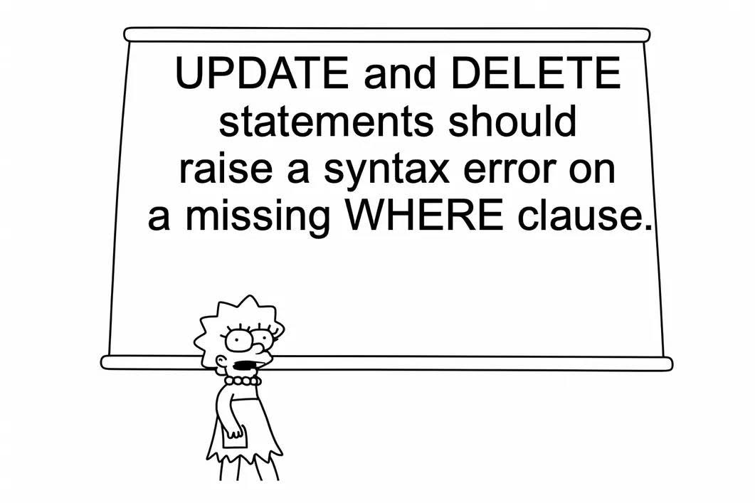A meme featuring Lisa Simpson writing on a chalkboard. The chalkboard text says: "UPDATE and DELETE statements should raise a syntax error on a missing WHERE clause." A meme featuring Lisa Simpson writing on a chalkboard. The chalkboard text says: "UPDATE and DELETE statements should raise a syntax error on a missing WHERE clause."