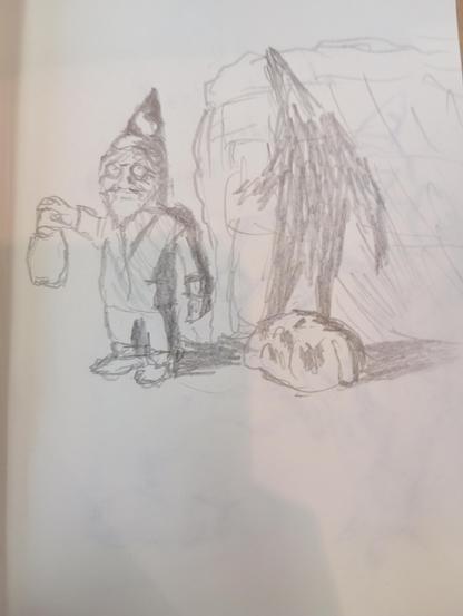 Dibujo a lápiz: un gnomo con un candelabro proyectando sombra contra la pared