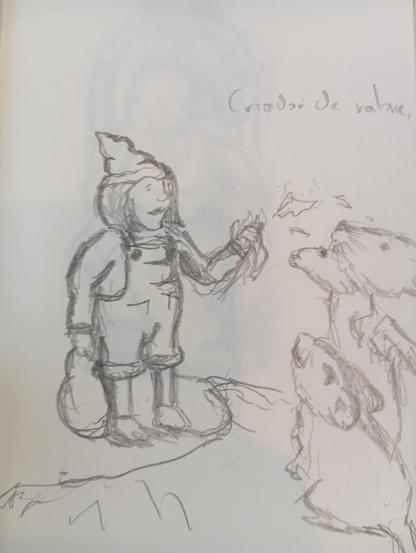 Dibujo a lápiz: un gnomo alimentando ratones