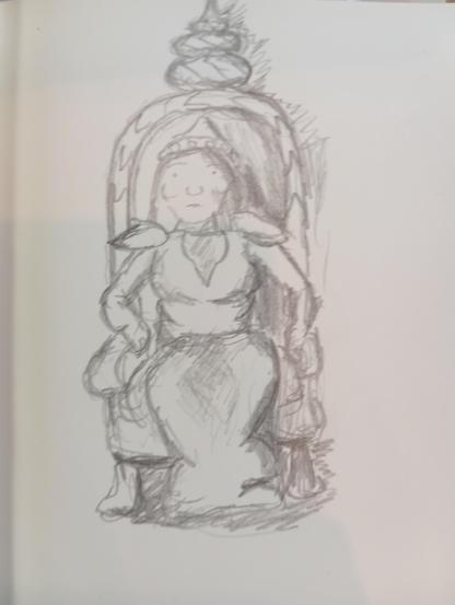 Dibujo a lápiz: una gnoma sentada en un trono