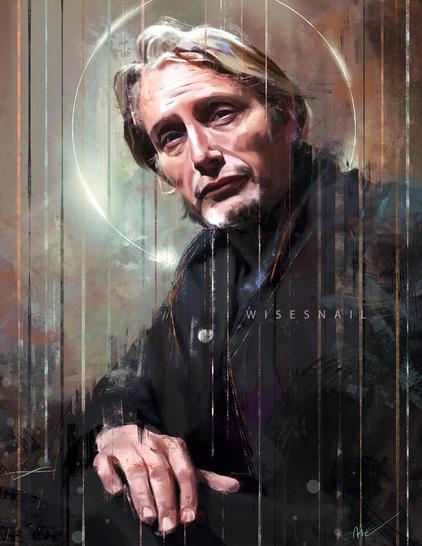 Portrait of Mads Mikkelsen. He is looking straight at the viewer, with his right harm on his bent knee. He is wearing dark clothes, rendered with rough brush strokes, and a white halo surrounds his head. Vertical lines give movement to the painting.
