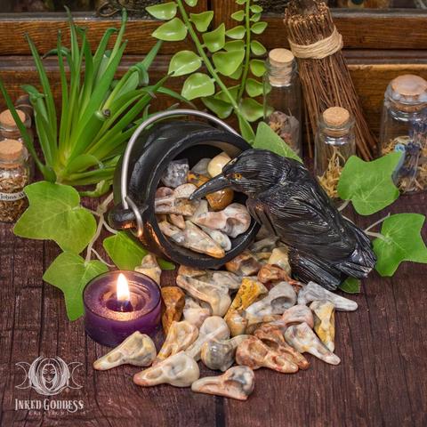 Many specimens of the "Crazy Lace Raven Skull" product are spilling from an miniature upturned iron cauldron. They are surrounded by faux greenery and a tealight candle. A carved onyx raven sculpture stands guard. The skulls themselves are carved from crazy lace agate in a mix of red, orange, yellow, brown, and grey, then tumbled smooth. Presented by Inked Goddess Creations.