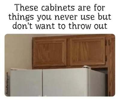 Meme: Text at top: "These cabinets are for things you never use but don't want to throw out." Picture of standard white refrigerator with honey oak cabinets on top of them, out of reach from most other things.