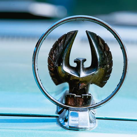 Hood ornament on a light blue car is a circular hoop with a rough-hewn eagle- like bird with wings held high in the center of the hoop.