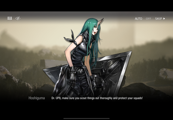 Woman with long green hair a tight black dress and a shield in a grey post apocalyptic background says Dr. UP8, make sure you scout things out thoroughly and protect your squads!