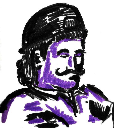 Hombre de bigote estilizado con puntas curvas apuntando a su nariz que mira a medias hacia la derecha se la imagen. Realizado en marcadores de colores violeta y negro sobre fondo blanco con trazos expresivos.