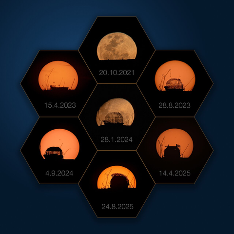 The image shows seven hexagonal images put together like a flower. All the images show the Extremely Large Telescope (ELT) in front of an orange sun or moon rise. The top picture and the one in the middle are snapshots of the moon framing the ELT construction site in the background and all the other images show the same but for the sun. All the hexagons are dated and show the ELT assembly at the specific date. Going from October 2021 to August 2025. The overall image shows how the ELT has taken shape over the past four years.