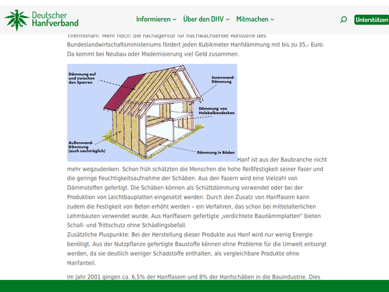 Deutscher Hanfverband Broschüre zu Hanf als nachwachsender Rohstoff - Hanf in der Bauwirtschaft
Wer heutzutage baut hat die Wahl zwischen unzähligen Produkten aus unterschiedlichsten Materialien. Aber nur ein Produkt hat von der EU das Prädikat „Naturplus“ verliehen bekommen – Thermohanf. Mehr noch: die Fachagentur für nachwachsende Rohstoffe des Bundeslandwirtschaftsministeriums fördert jeden Kubikmeter Hanfdämmung mit bis zu 35,- Euro. Da kommt bei Neubau oder Modernisierung viel Geld zusammen. https://hanfverband.de/warum-hanf-ueber-die-oekologischen-und-oekonomischen-moeglichkeiten-des-rohstoffs-hanf#nr_09