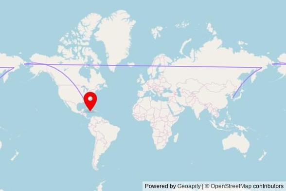A map showing the great circle route from Miryang-si in South Korea to a map pin at The Church of Jesus Christ of Latter-day Saints, Savanna-la-Mar - Johnson Town Road, Three Mile River, Jamaica