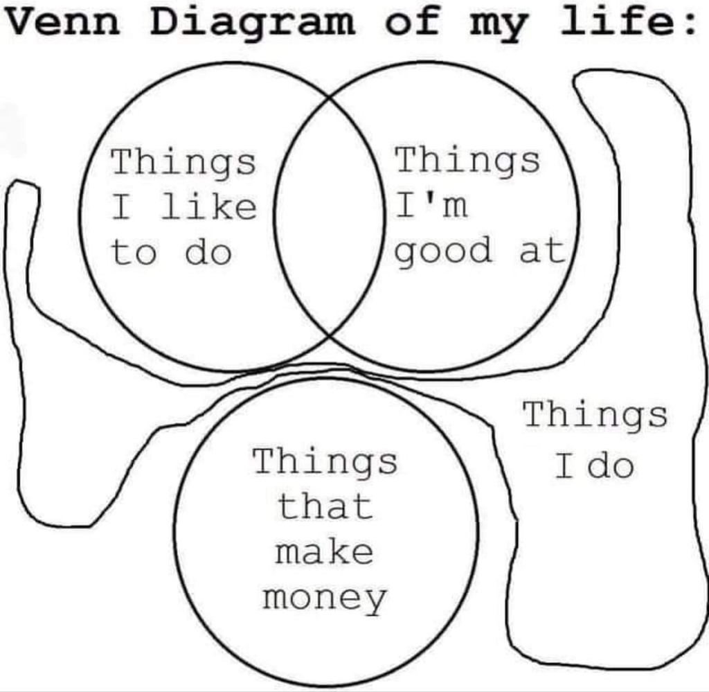 A diagram titled "Venn Diagram of my life." Two overlapping circles are labeled "Things I like to do" and "Things I'm good at." A third circle, which does not intersect with these, is labeled "Things that make money." A fourth contorted shape, overlapping none of these, is labeled "Things I do."
