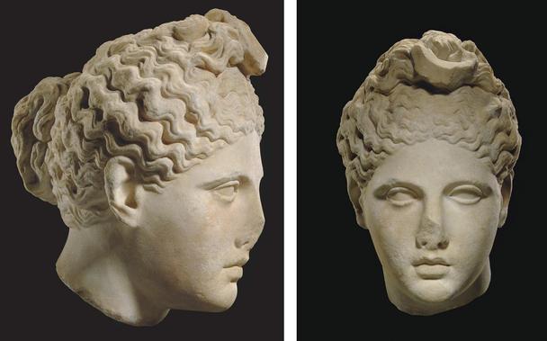 Two photos of a marble head of Luna, the goddess of the moon, with abundant wavy center-parted hair pulled up loosely into a top-knot fronted by her iconic lunar crescent attribute. They are gathered into a chignon in back. Her oval face has a smooth spade-shaped forehead merging with the bridge of her slender nose, her lidded eyes unarticulated, her small mouth with bow-shaped lips.