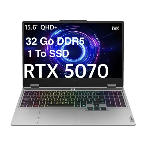 PC portable gamer Lenovo LOQ 15i Gen 10 avec processeur Intel Core i7-13650HX, carte graphique RTX 5070, 32 Go DDR5 et écran 15.6 pouces QHD+ 165Hz.
