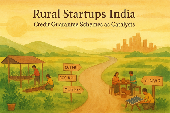 Watercolor-style digital illustration of a rural Indian landscape at sunrise. A young woman tends to small plants near signboards labeled “CGFMU” and “Microloan,” while a man in a hard hat assembles solar panels beside a sign marked “CGS-NPF.” A winding road connects the rural scene to a distant city skyline. Text at the top reads: “Rural Startups India: Credit Guarantee Schemes as Catalysts.”