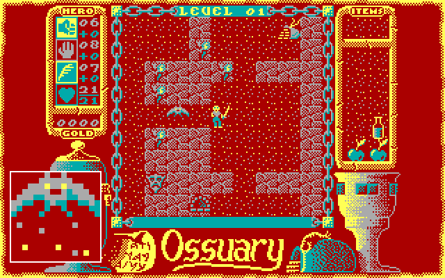 Our hero, starting on level 1, encounters their first bat. The hero can probably take down the bat bare-handed, but it will take quite a few turns, as the damage the hero causes will be minimal. Once a blade or a wand is found, the bats can be dealt with much more quickly. A bat is enlarged in the inset. Our hero, starting on level 1, encounters their first bat. The hero can probably take down the bat bare-handed, but it will take quite a few turns, as the damage the hero causes will be minimal. Once a blade or a wand is found, the bats can be dealt with much more quickly. A bat is enlarged in the inset.