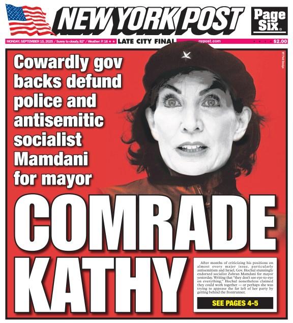 today's NY Post cover with a beret photoshopped onto Hochul, and some 1950s red-scare nonsense about Mamdani