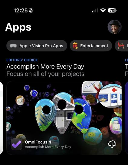 Screenshot of the App Store on iPhone, featuring OmniFocus in the front page carousel with an Editors' Choice label prominently displayed at the top.