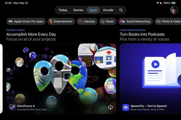 Screenshot of the App Store on iPad, featuring OmniFocus in the front page carousel with an Editors' Choice label prominently displayed at the top.