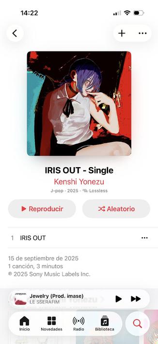 Captura de pantalla del single Iris Out de Kenshi Yonezu en Apple Music. 