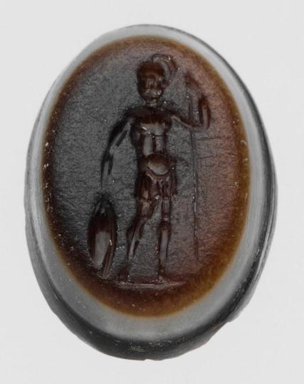 Sardonyx gem engraved with Ares or Mars standing, fully armed with spear and shield.