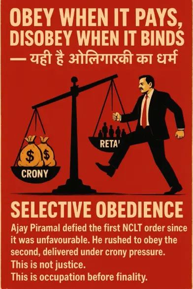 The DHFL insolvency reveals how India’s ill-conceived IBC framework enabled “occupation before finality,” letting Ajay Piramal allegedly seize control despite pending appeals—turning depositors into guinea pigs in a neoliberal lab. Cobrapost exposed DHFL’s links to Dawood Ibrahim and Iqbal Mirchi networks, funnelling BJP donations as terror-financing in the name of political donations, while Piramal’s own Electoral Bonds, PM CARES, and Flashnet ties deepened the crony nexus with the BJP. What emerged was not resolution but reportedly an oligarchic lawfare, where judicial pliancy, executive patronage, and opaque financing converged into a paradigm of selective justice and political capture.