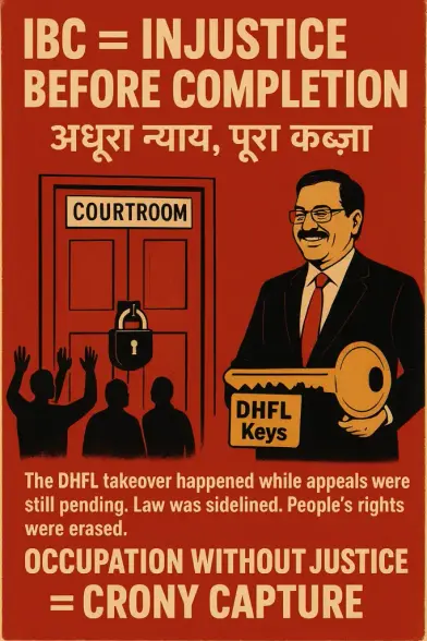 The DHFL insolvency reveals how India’s ill-conceived IBC framework enabled “occupation before finality,” letting Ajay Piramal allegedly seize control despite pending appeals—turning depositors into guinea pigs in a neoliberal lab. Cobrapost exposed DHFL’s links to Dawood Ibrahim and Iqbal Mirchi networks, funnelling BJP donations as terror-financing in the name of political donations, while Piramal’s own Electoral Bonds, PM CARES, and Flashnet ties deepened the crony nexus with the BJP. What emerged was not resolution but reportedly an oligarchic lawfare, where judicial pliancy, executive patronage, and opaque financing converged into a paradigm of selective justice and political capture.