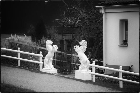 Zwei weisse, stilisierte Pferde-Statuen stehen auf Sockeln vor einem hellen Gebäude. Die Pferde sind auf den Hinterbeinen aufgerichtet, als würden sie sich aufbäumen. Zwischen den Statuen befindet sich ein halbkreisförmiger Metallbogen, der wie ein Rankgitter wirkt. Dahinter sind kahlen Bäume und Sträucher zu erkennen. Links im Bild verläuft ein weisser Zaun mit runden Pfosten entlang eines Weges. 