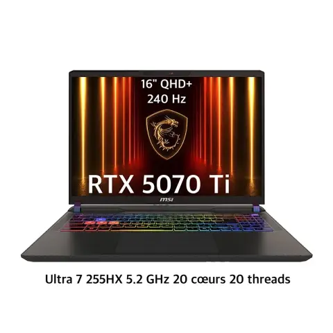 PC portable gamer MSI Vector 16 HX AI avec processeur Intel Core Ultra 7 255HX, carte graphique RTX 5070 Ti, 16 Go DDR5, 1 To SSD et écran 16 pouces QHD+ 240Hz.
