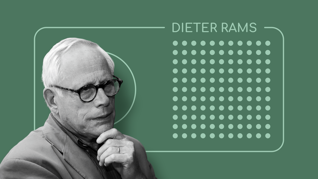 Black-and-white portrait of Dieter Rams set against a green minimalist background with geometric dots, symbolizing his design principles.