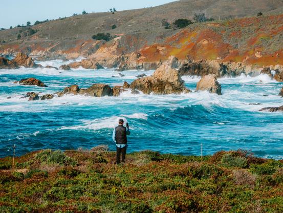 Person standing on a grassy shore, gazing at crashing waves and rocky coastline under a clear blue sky.