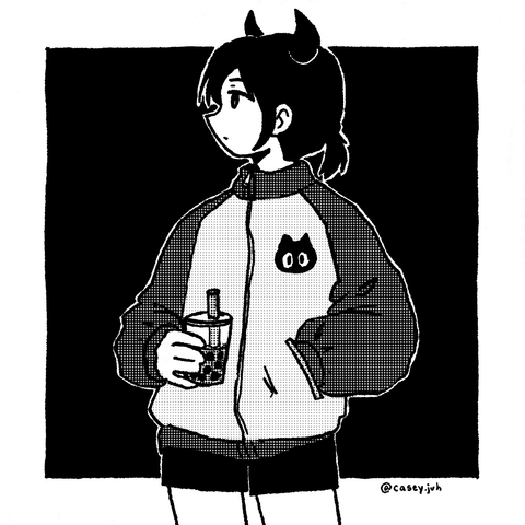 An illustration of a demon girl drinking bubble milk tea.