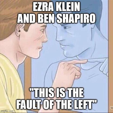 Pointing mirror guy meme:
Labelled: "Ezra Klein and Ben Shapiro" with them saying
"This is the fault of the left!"