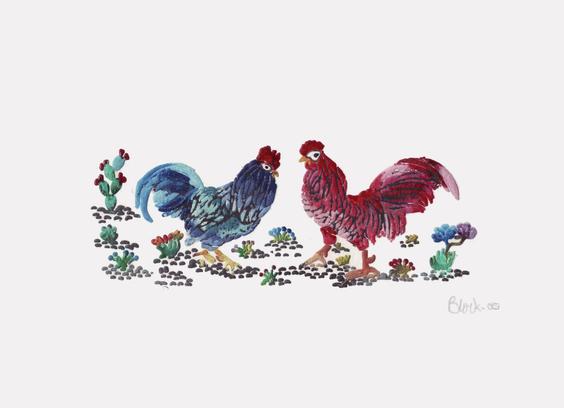 Two cocks meet
Acrylic on card, block print, 17 x 10 cm, anonymous (Mexican), 2005
Private collection