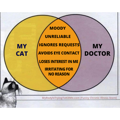 venn diagram with cat looking at it

yellow circle - my cat
purple circle - my doctor
orange center - moody, unreliable, ignores requests, avoids eye contact, loses interest in me, irritating for no reason