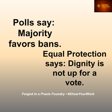 Left Panel (gray background):
“Polls say: Majority favors bans.”

Right Panel (amber background):
“Equal Protection says: Dignity is not up for a vote.”

Footer (small text, white):
Forged in a Praxis Foundry • #ShowYourWork