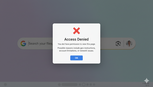 An image showing a stylized "Access Denied" error message as an overlay on top of the original image. The error message is centered in a white box with rounded corners and a red 'X' icon at the top. The text reads: "Access Denied. You do not have permission to view this page. Possible reasons include geo-restrictions, account limitations, or network issues." Below the text is a blue 'OK' button.