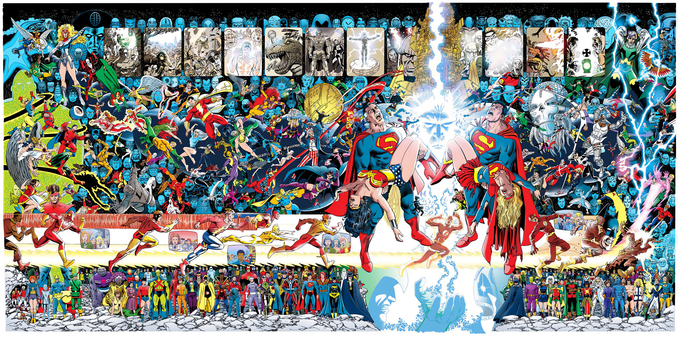 Absolute Edition of Crisis on Infinite Earths Poster by George Pérez, inks by Jerry Ordway, and color by José Villarrubia