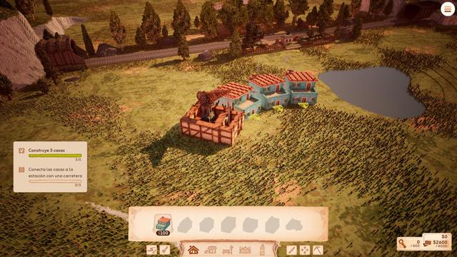 Foto del tutorial en el que se ve un pueblo voxelart (como pixelart pero en 3d, generado con cubitos de colores sólidos). Arriba se aprecia la estación de tren. A la derecha se ve un lago. El resto es prado. He construido tres casas azules y voy a por la cuarta.
Lo más alucinante es que se ve el proceso de construcción con su grúa, andamios y demás.
