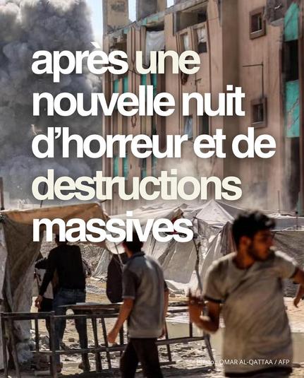 en fond une photo de gaza bombardée, en arrière plan la fumée d'un bombardement, au 1er plan un homme cours

Apres une nouvelle nuit d'horreur et de destructions massives ...