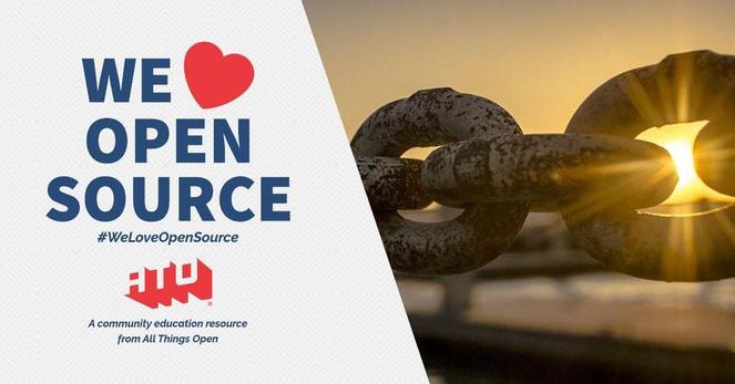 Left side says We Love Open Source. #WeLoveOpenSource. ATO. A community education resource from All Things Open. Right side has a chain along a boat dock with the sun coming through